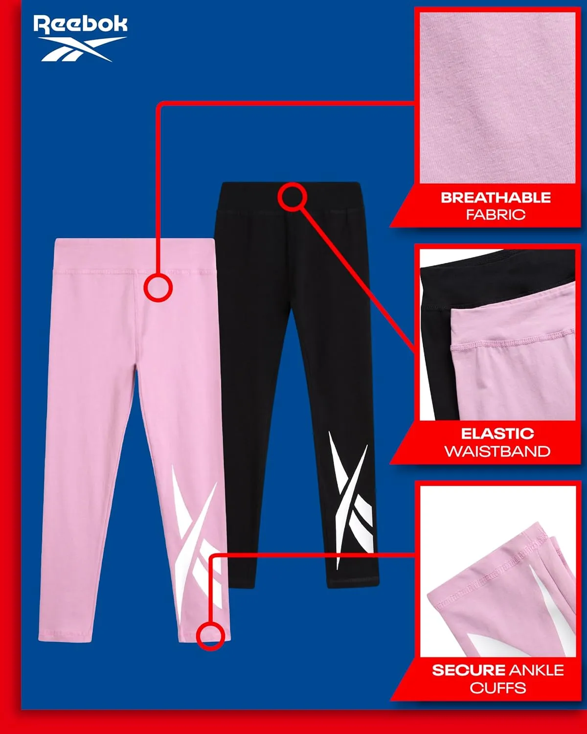 Reebok Girls Leggings - 2 Pack Athletic Performance Cotton Leggings - Yoga Pants for Girls Dance Tights (Sizes: 7-12)