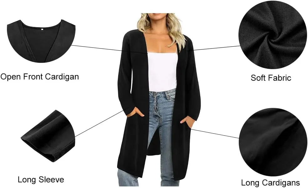 RITERA Plus Size Open Front Long Cardigan for Women Fall Long Sleeve Cardigans with Pockets Loose Lightweight Coat for Winter