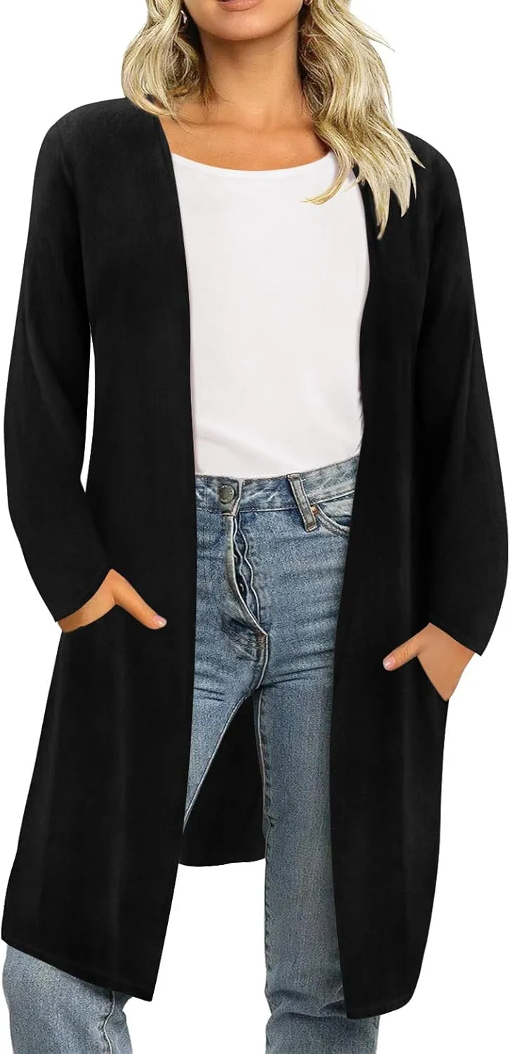 RITERA Plus Size Open Front Long Cardigan for Women Fall Long Sleeve Cardigans with Pockets Loose Lightweight Coat for Winter