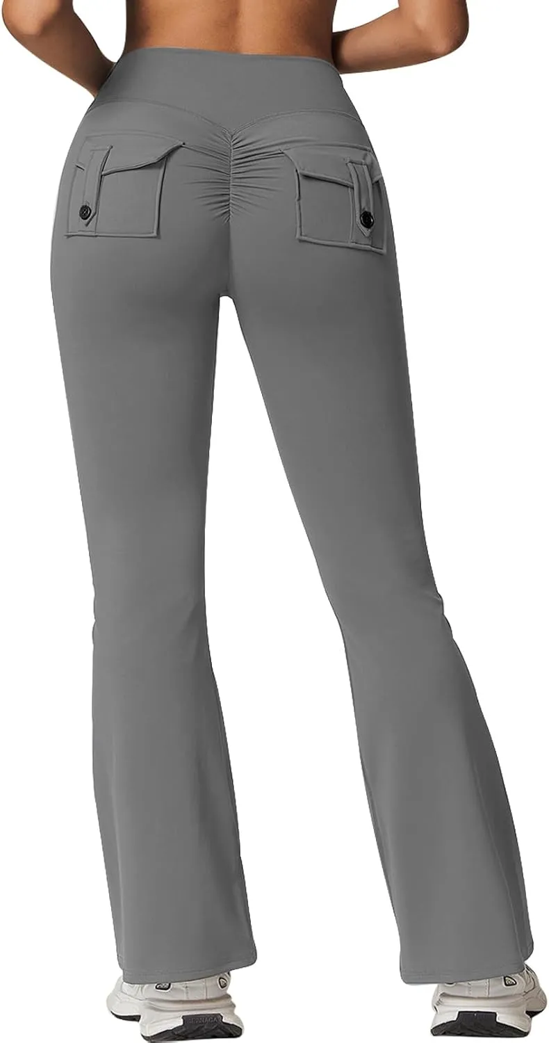 Rugkey Flare Leggings with Pockets for Women Butt Lifting Workout Leggings Gym Bell Bottom High Waisted Yoga Pants
