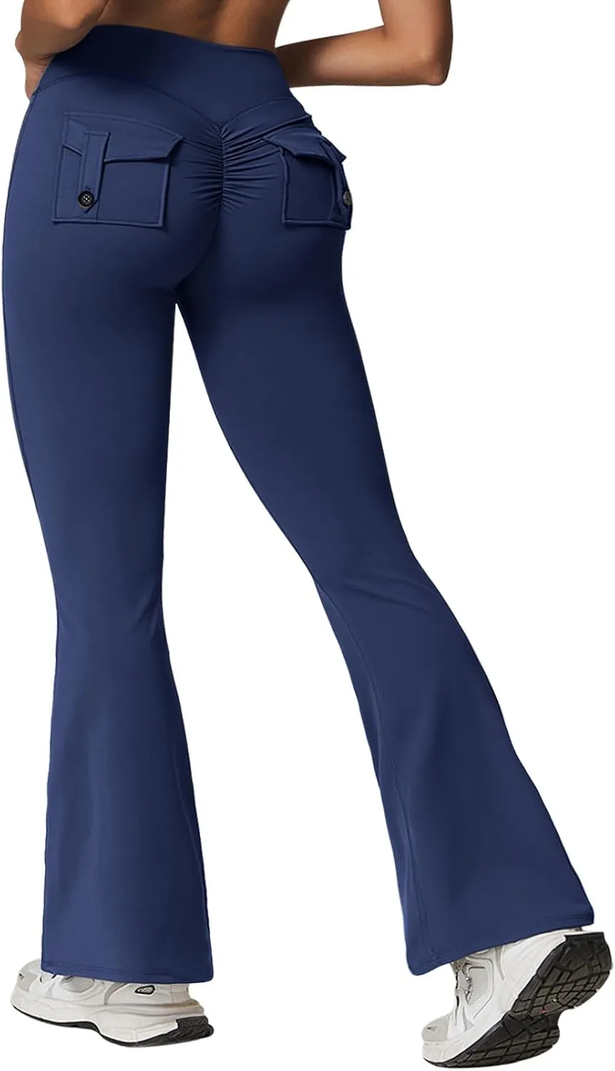 Rugkey Flare Leggings with Pockets for Women Butt Lifting Workout Leggings Gym Bell Bottom High Waisted Yoga Pants