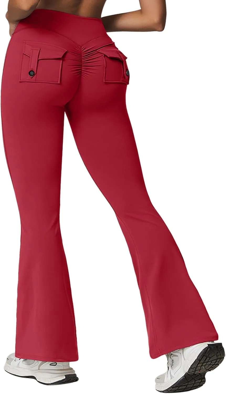 Rugkey Flare Leggings with Pockets for Women Butt Lifting Workout Leggings Gym Bell Bottom High Waisted Yoga Pants