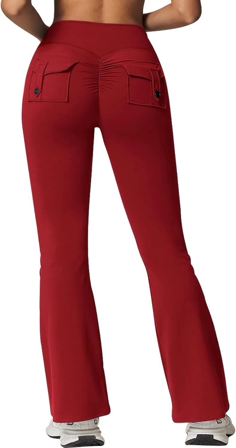 Rugkey Flare Leggings with Pockets for Women Butt Lifting Workout Leggings Gym Bell Bottom High Waisted Yoga Pants