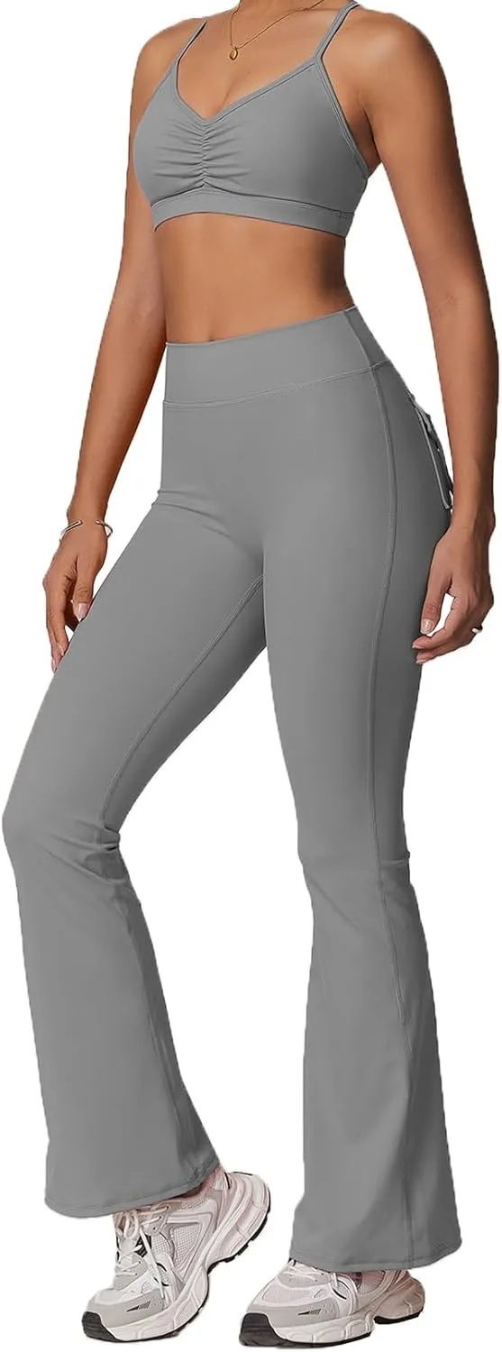 Rugkey Flare Leggings with Pockets for Women Butt Lifting Workout Leggings Gym Bell Bottom High Waisted Yoga Pants