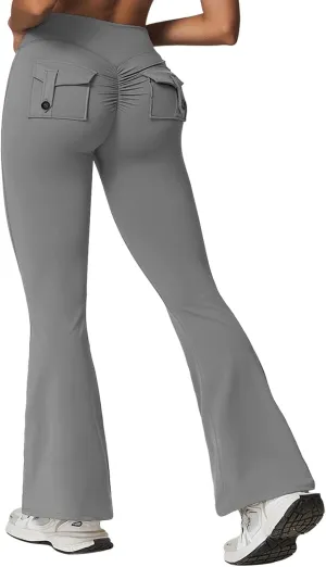 Rugkey Flare Leggings with Pockets for Women Butt Lifting Workout Leggings Gym Bell Bottom High Waisted Yoga Pants