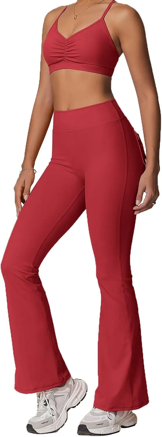 Rugkey Flare Leggings with Pockets for Women Butt Lifting Workout Leggings Gym Bell Bottom High Waisted Yoga Pants