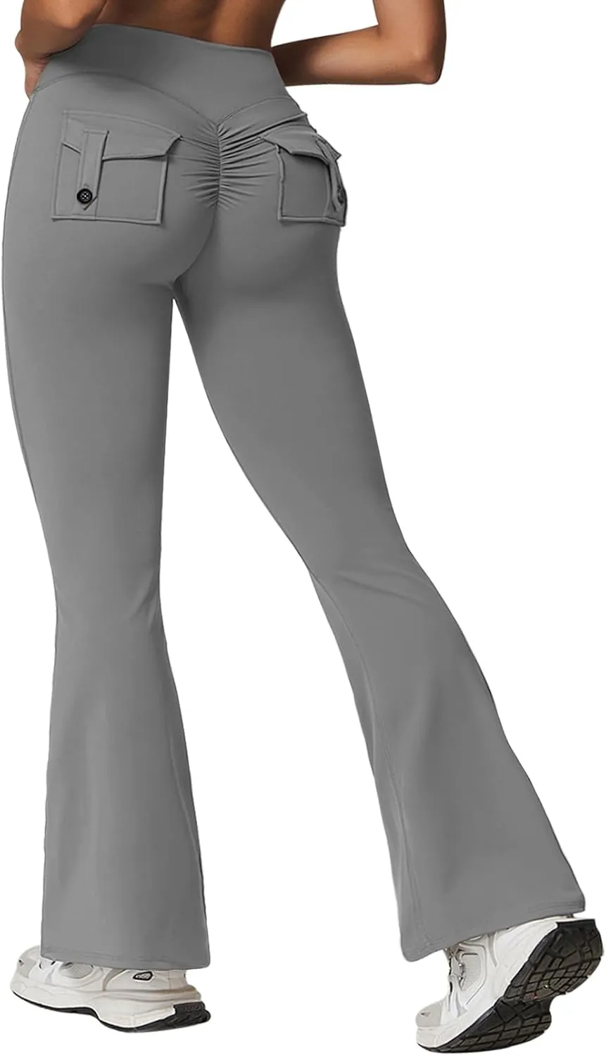 Rugkey Flare Leggings with Pockets for Women Butt Lifting Workout Leggings Gym Bell Bottom High Waisted Yoga Pants