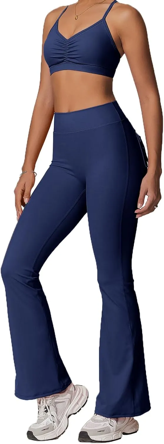 Rugkey Flare Leggings with Pockets for Women Butt Lifting Workout Leggings Gym Bell Bottom High Waisted Yoga Pants