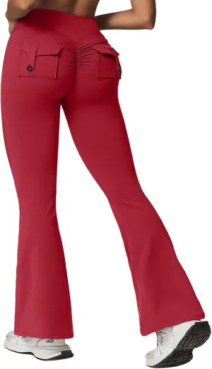 Rugkey Flare Leggings with Pockets for Women Butt Lifting Workout Leggings Gym Bell Bottom High Waisted Yoga Pants