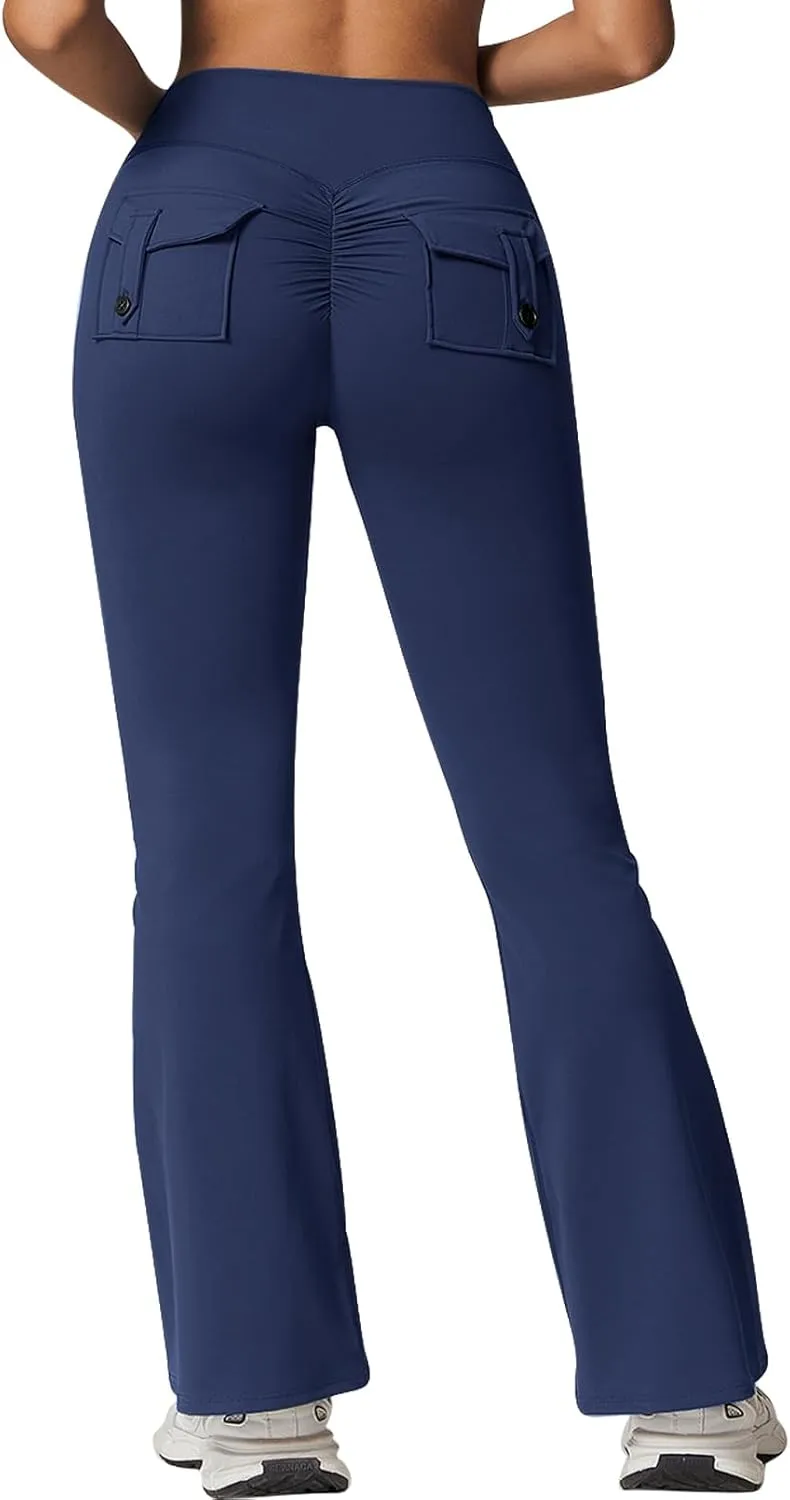 Rugkey Flare Leggings with Pockets for Women Butt Lifting Workout Leggings Gym Bell Bottom High Waisted Yoga Pants