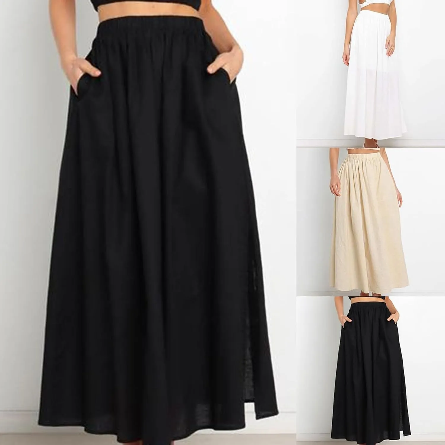 Rvidbe Womens Maxi Skirt Elastic High Waist Swing A-line Flowy Pleated Cotton Linen Long Skirts Summer Casual Boho Skirt