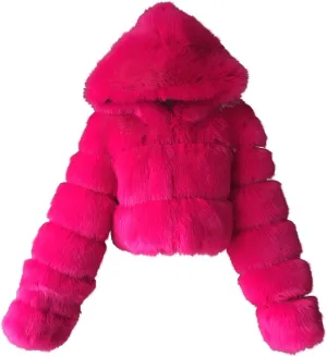 SACFOF Women's Winter Warm Jacket Faux Fur Hooded Jacket Long Sleeve Sexy Short Coat Winter Cropped Shearling Furry Overcoat