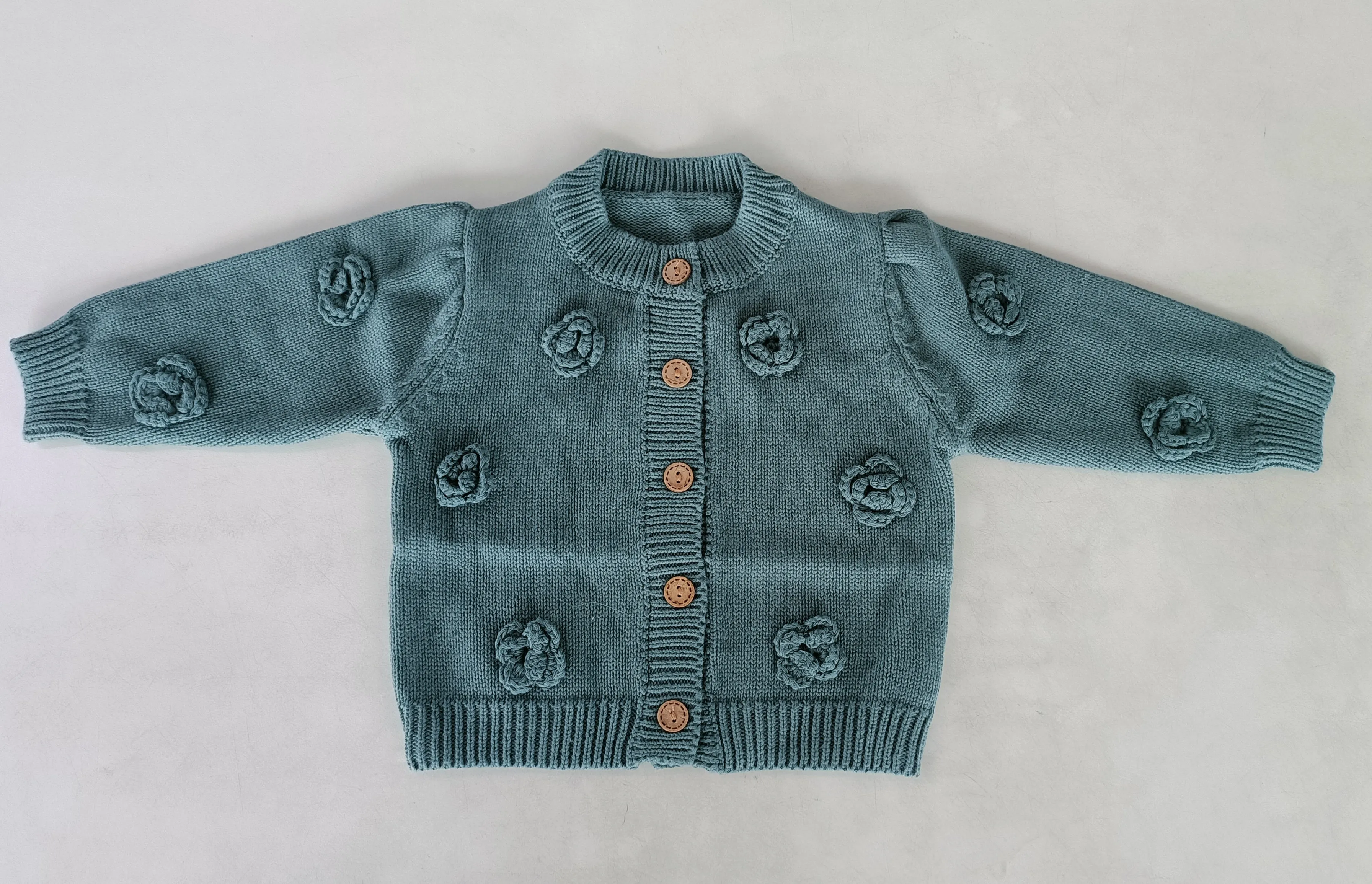 Sage-Green Woolen Round Neck Long Sleeve Front Open Sweater