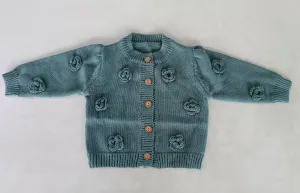 Sage-Green Woolen Round Neck Long Sleeve Front Open Sweater