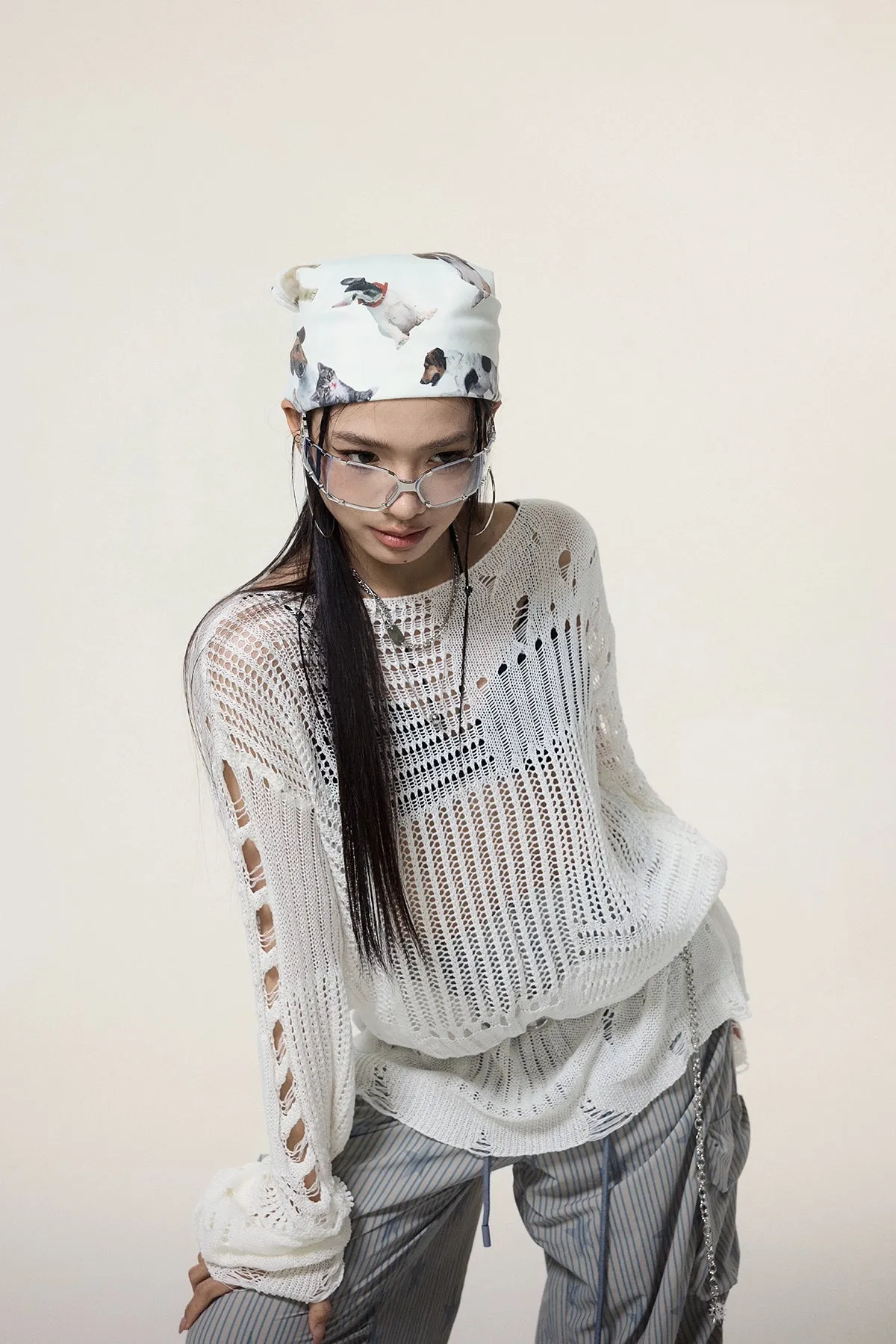 Sheer Knit Pullover with Distressed Detail