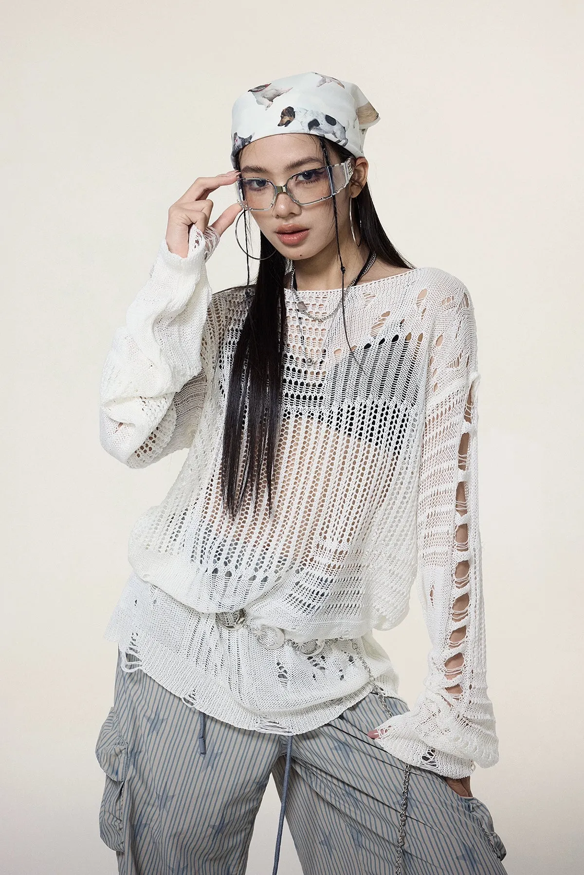 Sheer Knit Pullover with Distressed Detail