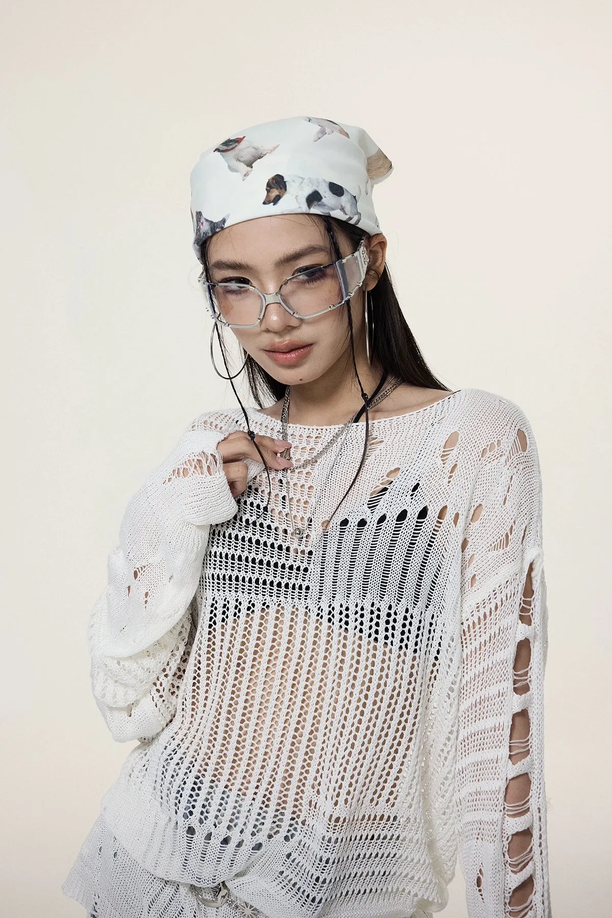Sheer Knit Pullover with Distressed Detail