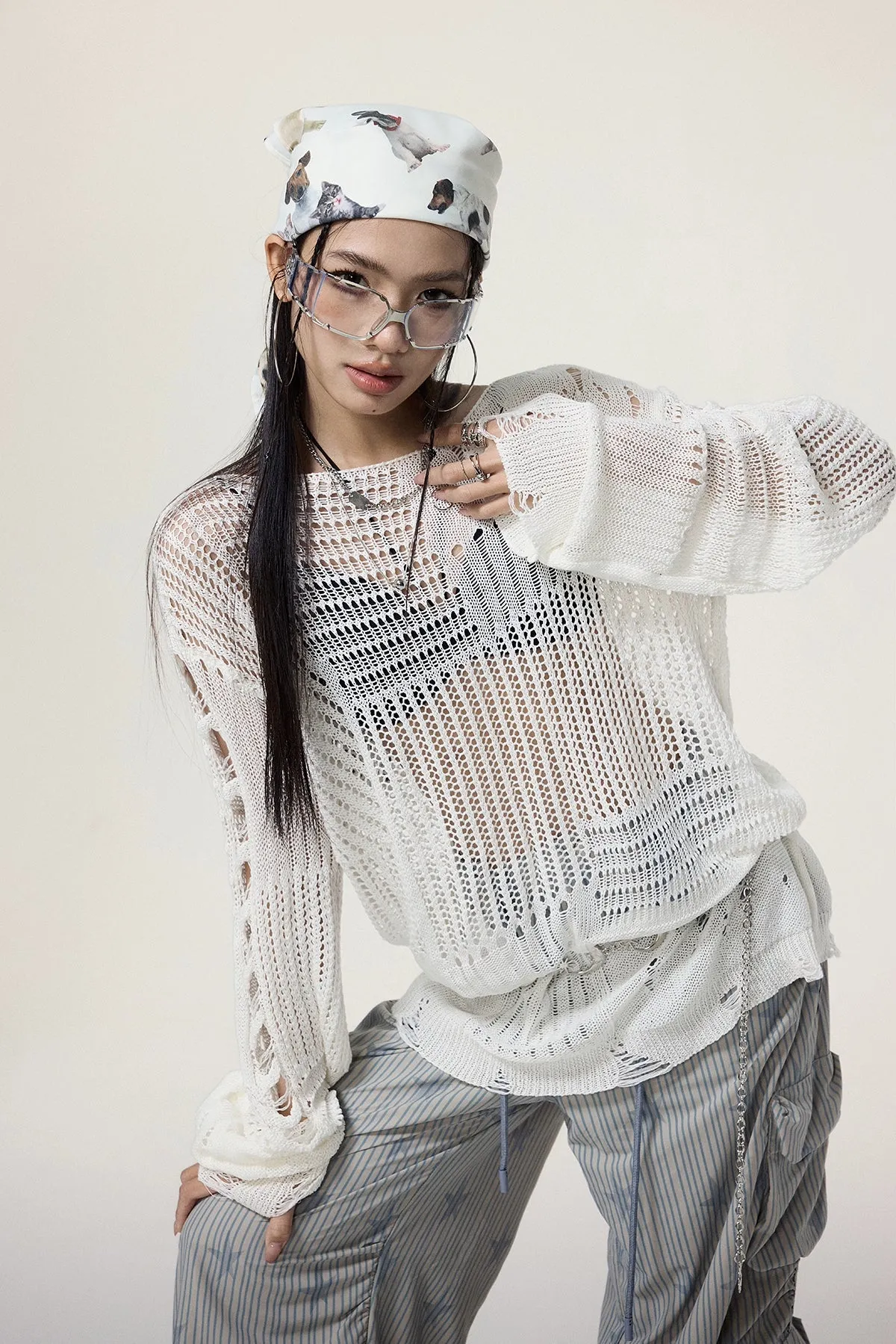 Sheer Knit Pullover with Distressed Detail