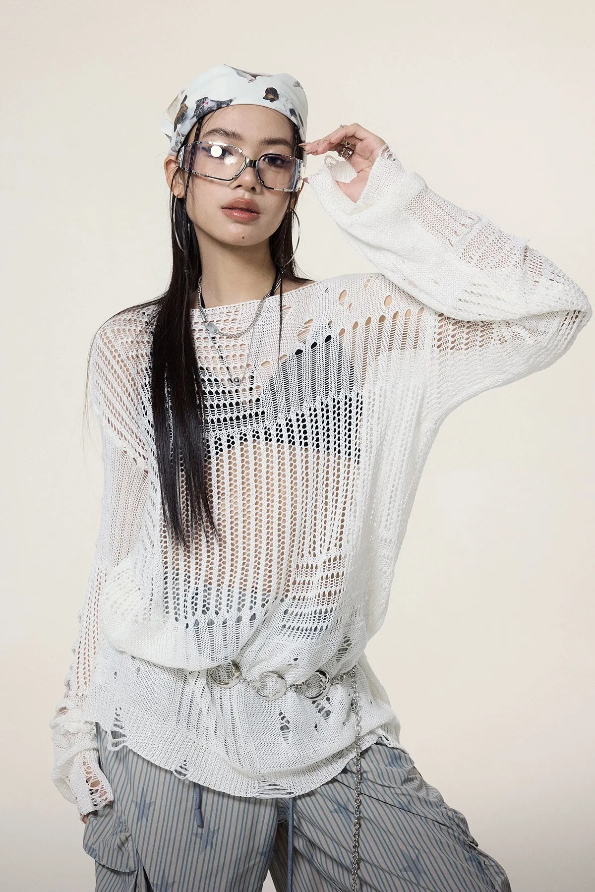 Sheer Knit Pullover with Distressed Detail