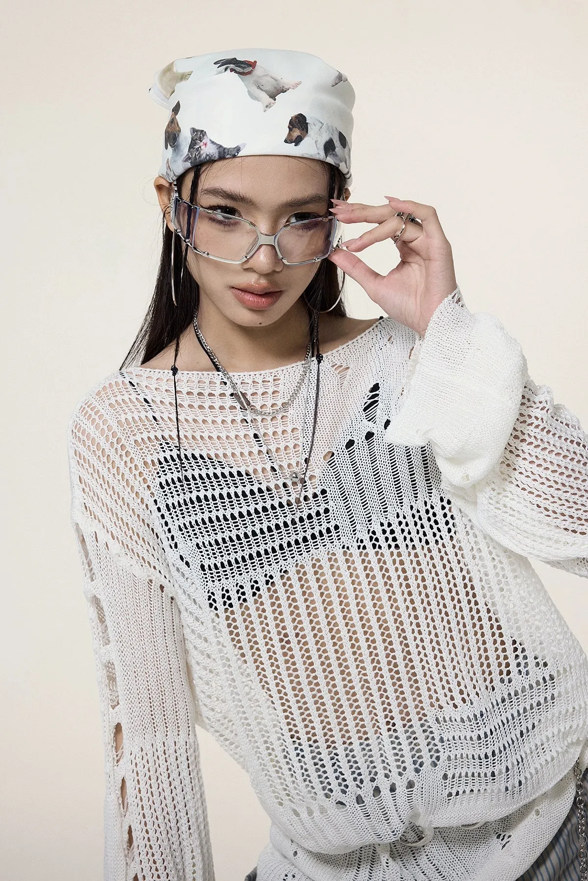 Sheer Knit Pullover with Distressed Detail
