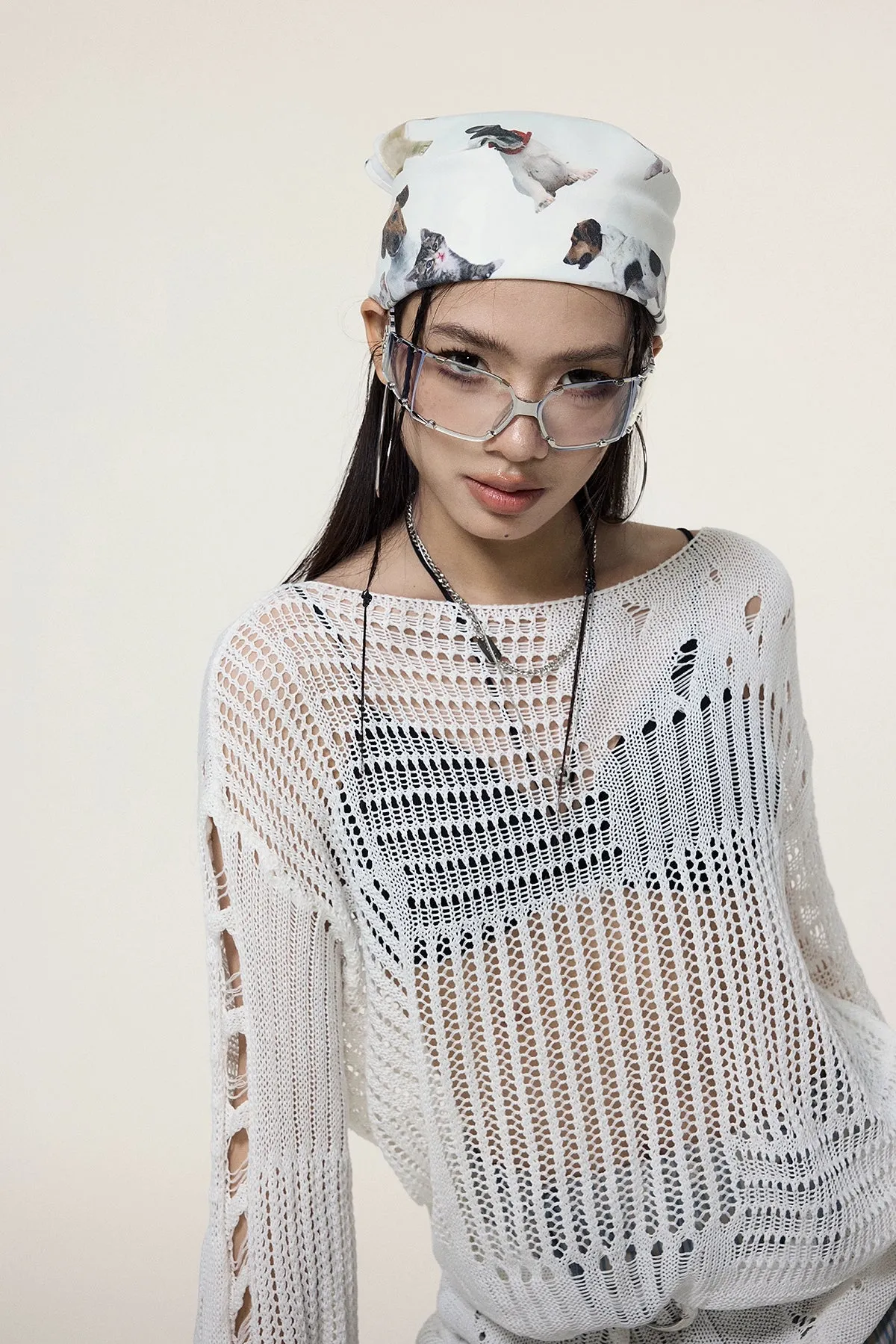 Sheer Knit Pullover with Distressed Detail