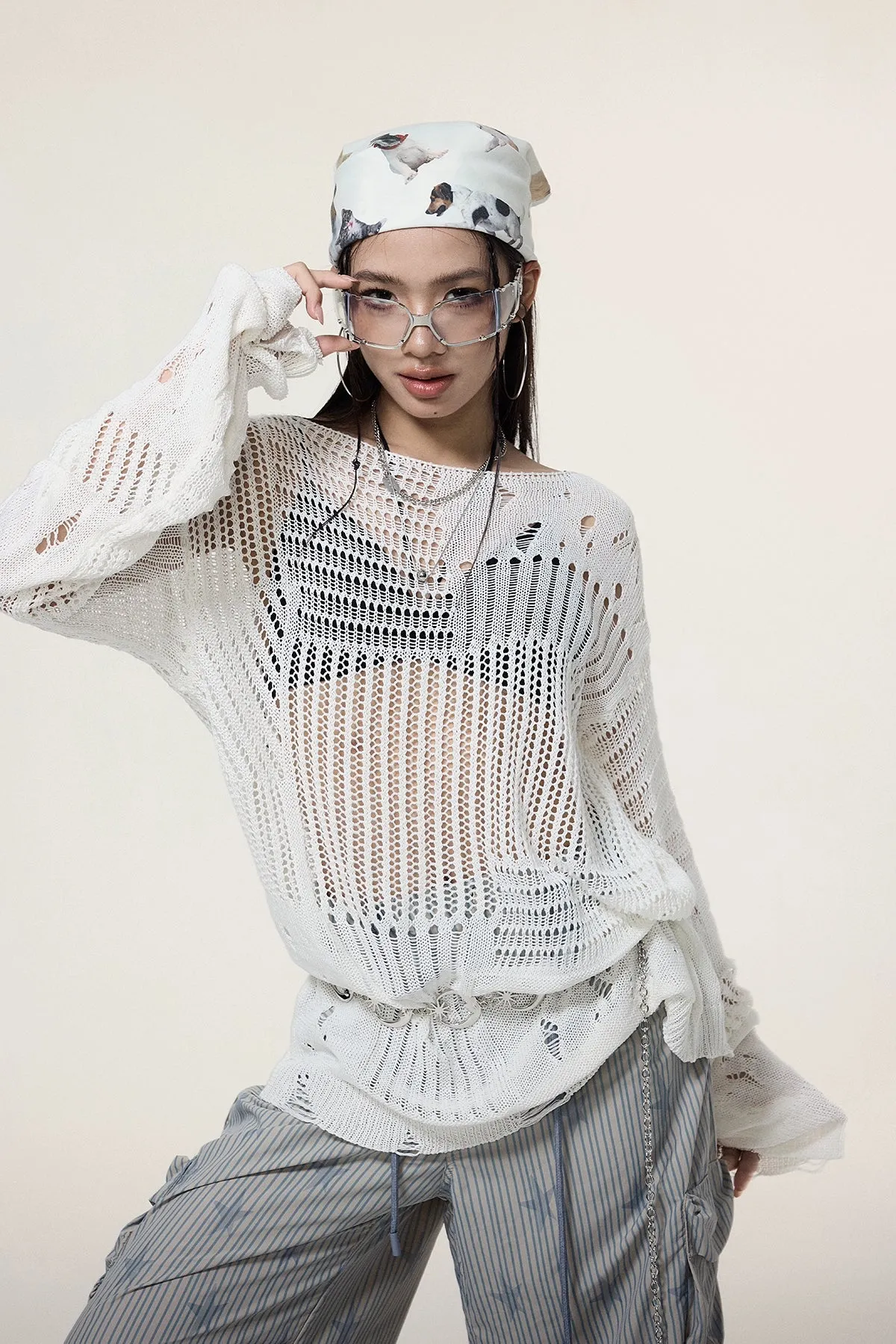 Sheer Knit Pullover with Distressed Detail