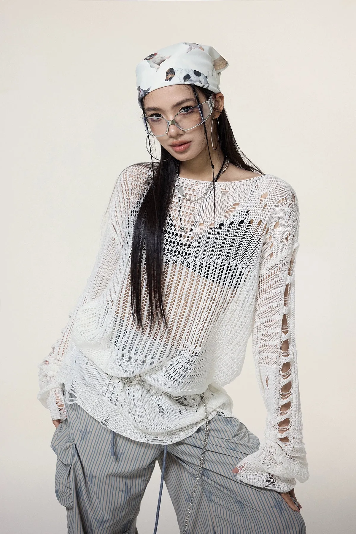 Sheer Knit Pullover with Distressed Detail