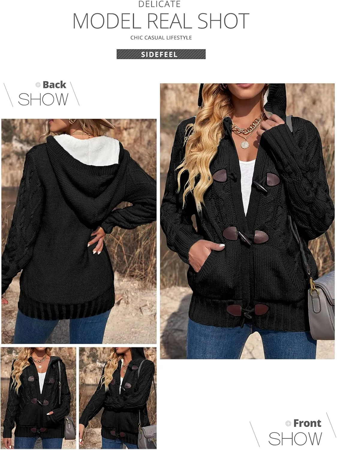 Sidefeel Women's Cardigan Sweaters Hooded Cardigans Fleece Lined Jackets Winter Sweater Coat