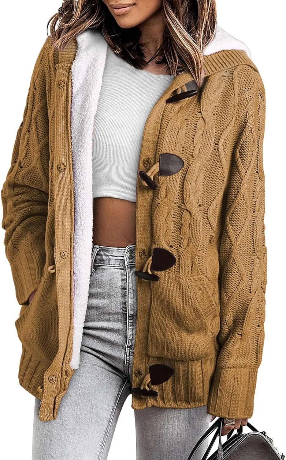 Sidefeel Women's Cardigan Sweaters Hooded Cardigans Fleece Lined Jackets Winter Sweater Coat