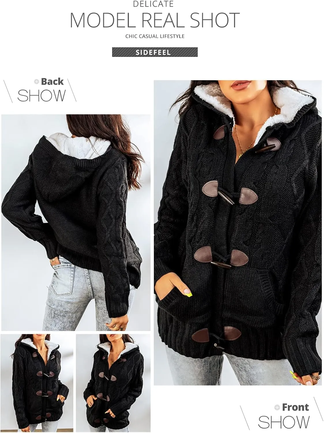 Sidefeel Women's Cardigan Sweaters Hooded Cardigans Fleece Lined Jackets Winter Sweater Coat