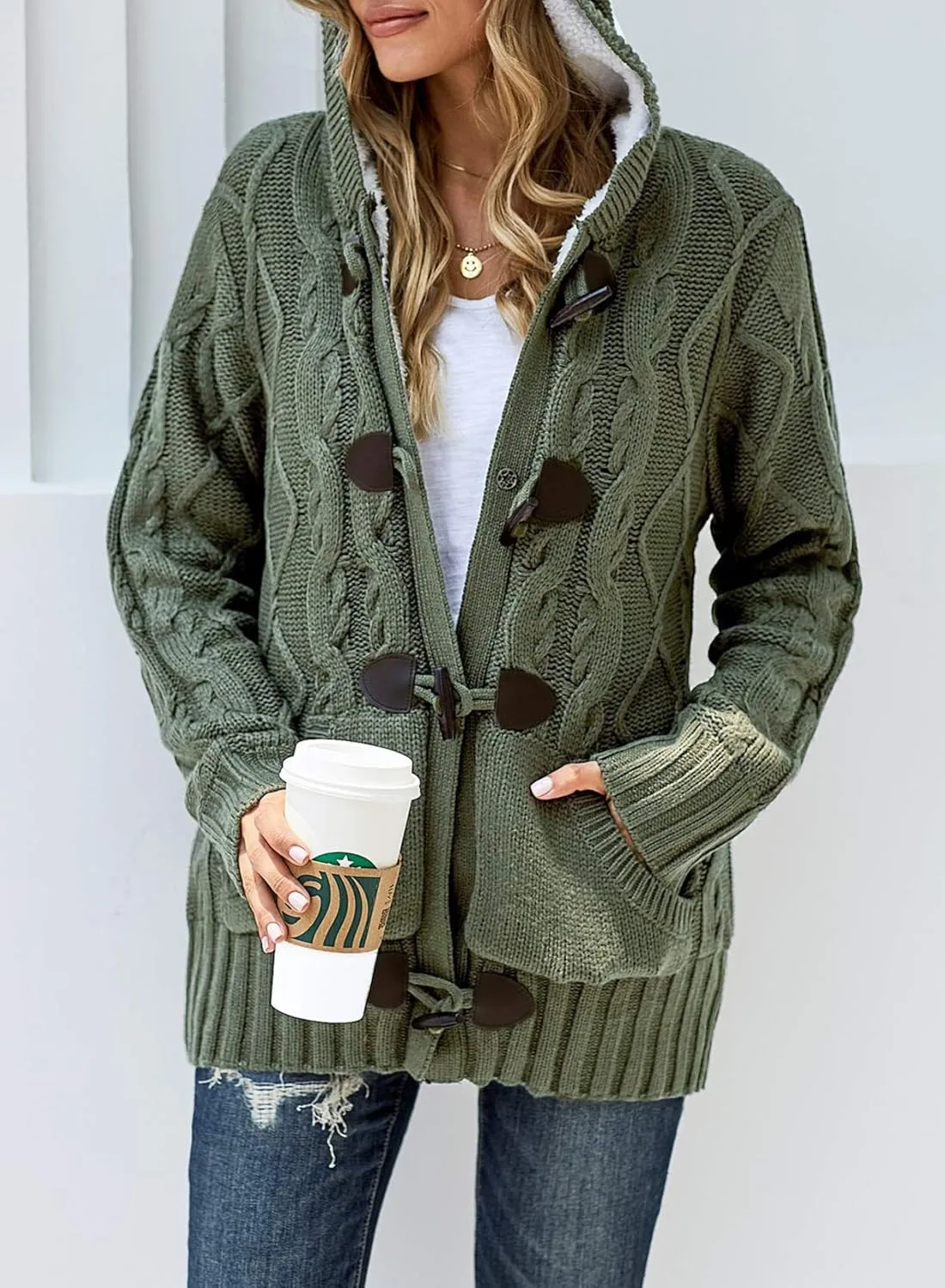 Sidefeel Women's Cardigan Sweaters Hooded Cardigans Fleece Lined Jackets Winter Sweater Coat