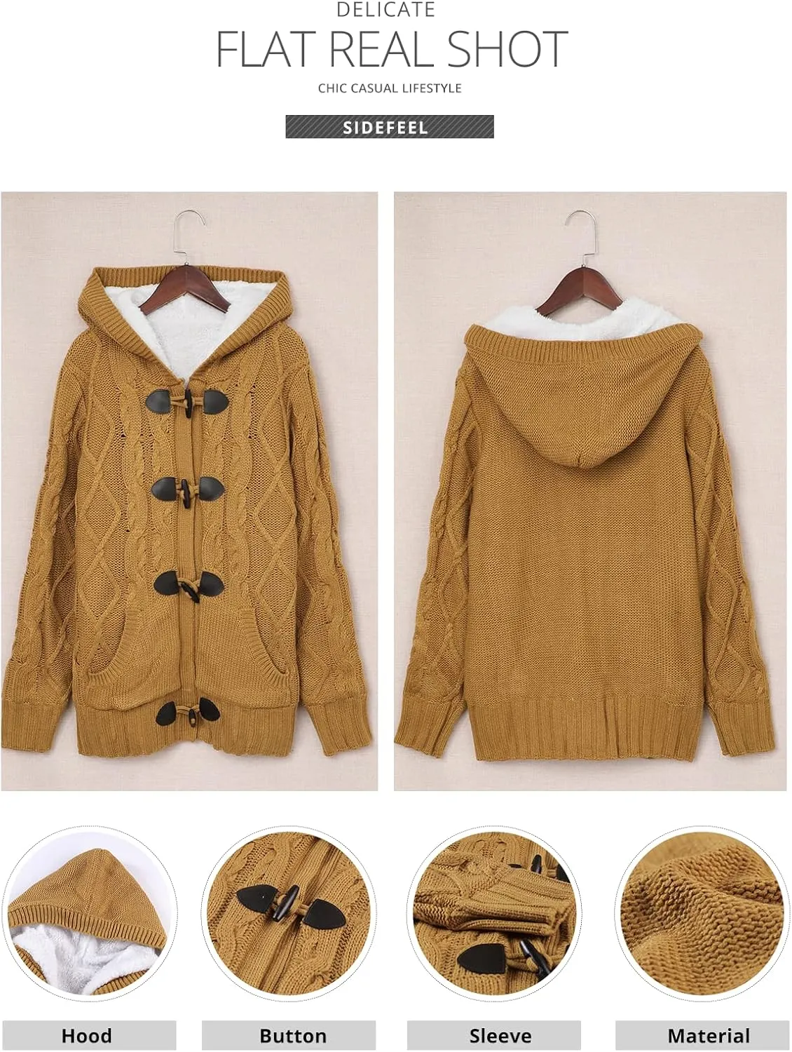 Sidefeel Women's Cardigan Sweaters Hooded Cardigans Fleece Lined Jackets Winter Sweater Coat
