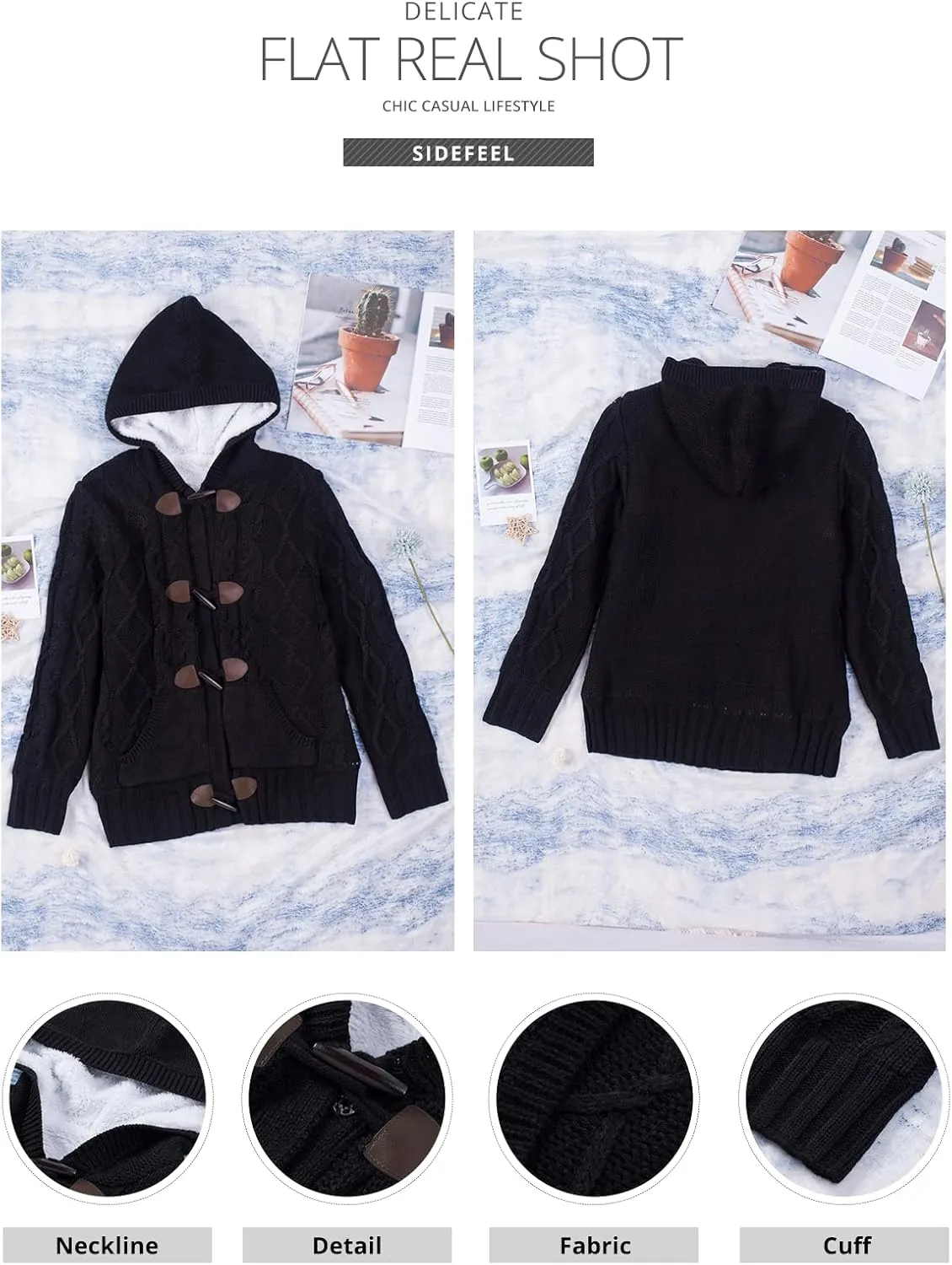 Sidefeel Women's Cardigan Sweaters Hooded Cardigans Fleece Lined Jackets Winter Sweater Coat