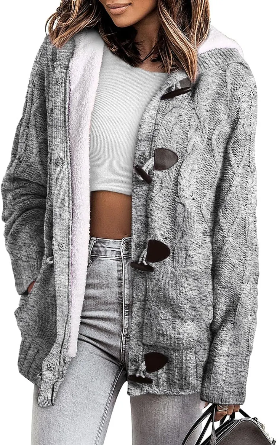 Sidefeel Women's Cardigan Sweaters Hooded Cardigans Fleece Lined Jackets Winter Sweater Coat