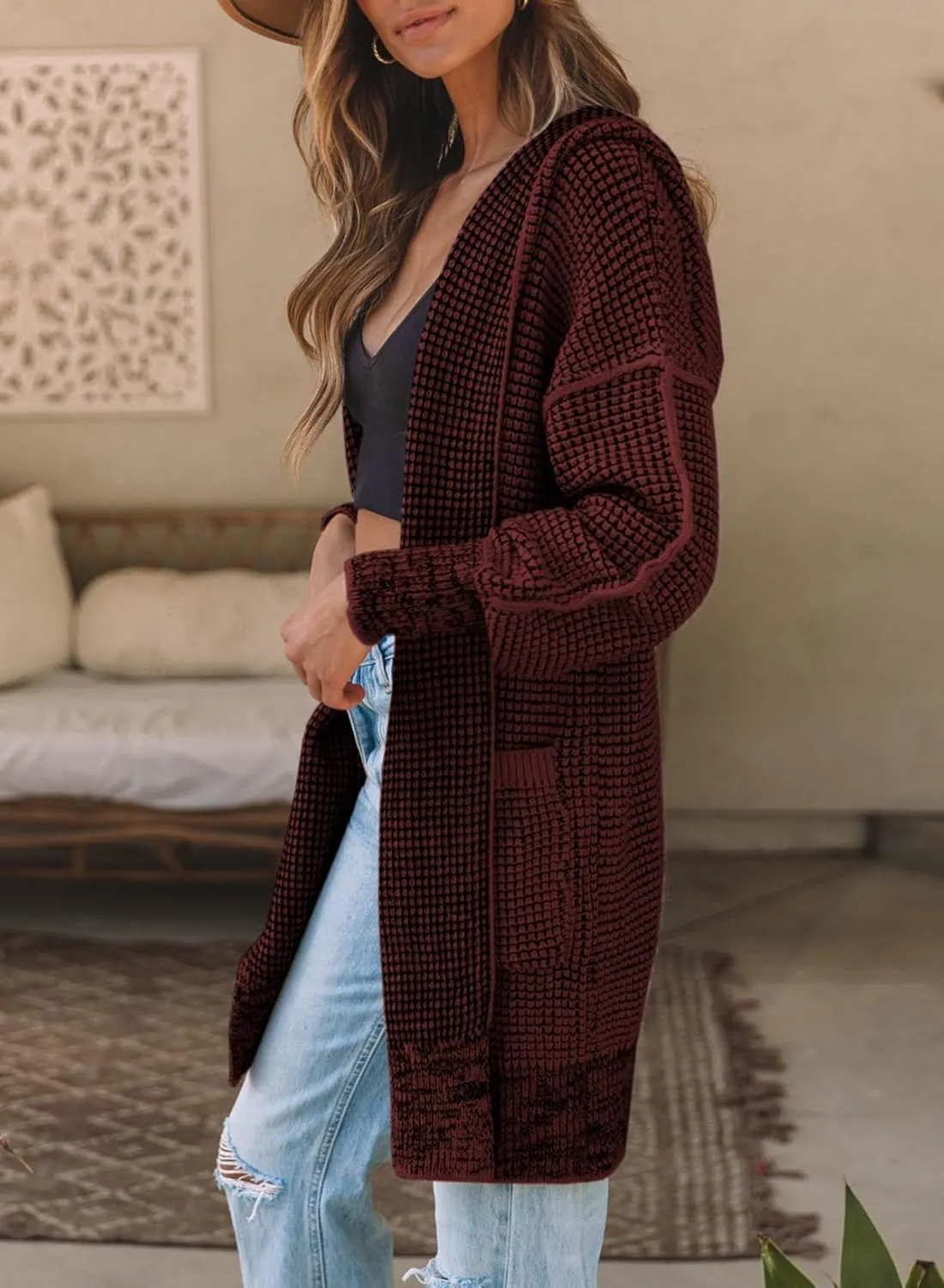 Sidefeel Women's Cardigan Sweaters Hooded Oversized Open Front Chunky Knit Plaid Sweater Coat Fall Fashion Tops
