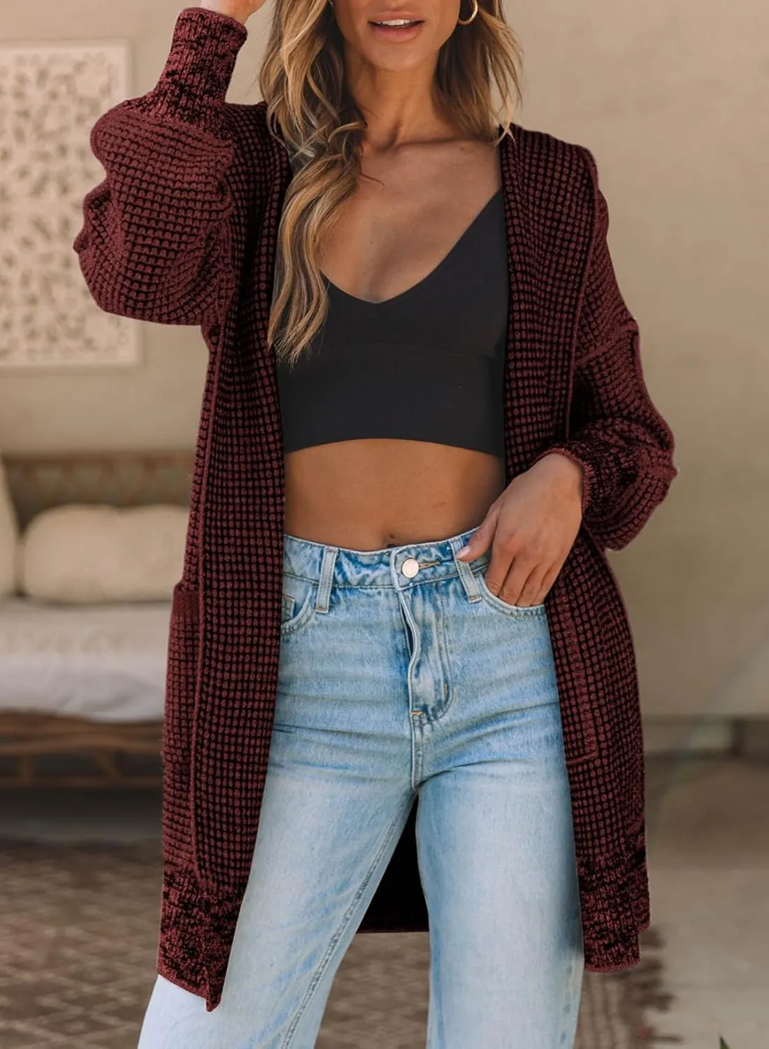 Sidefeel Women's Cardigan Sweaters Hooded Oversized Open Front Chunky Knit Plaid Sweater Coat Fall Fashion Tops