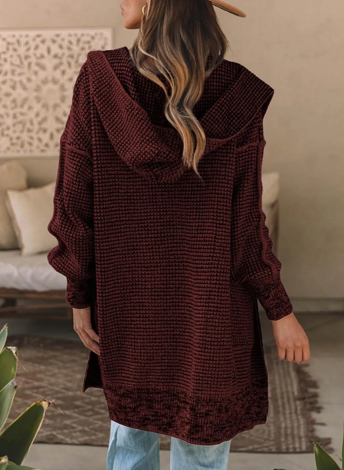 Sidefeel Women's Cardigan Sweaters Hooded Oversized Open Front Chunky Knit Plaid Sweater Coat Fall Fashion Tops