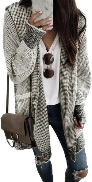 Sidefeel Women's Cardigan Sweaters Hooded Oversized Open Front Chunky Knit Plaid Sweater Coat Fall Fashion Tops