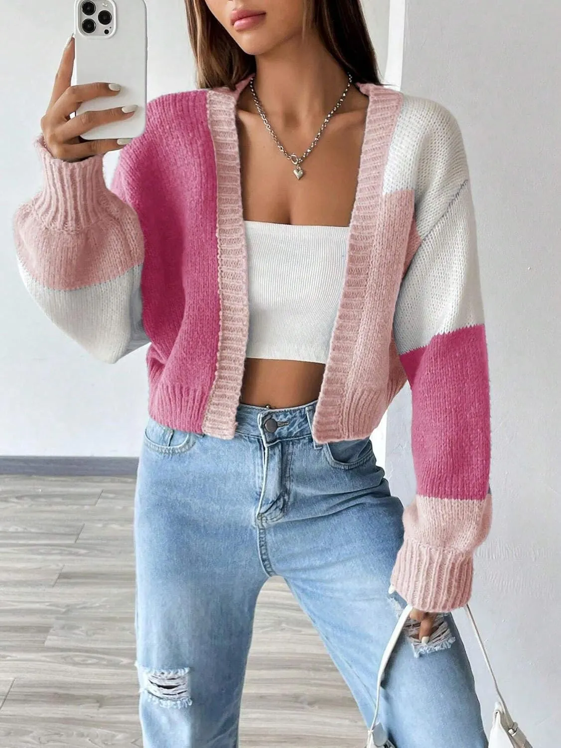 SISKIN Womens Fall & Spring Lightweight Long Sleeve Cropped Open Front Color Block Cardigan Sweaters for Women Trendy