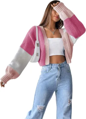 SISKIN Womens Fall & Spring Lightweight Long Sleeve Cropped Open Front Color Block Cardigan Sweaters for Women Trendy
