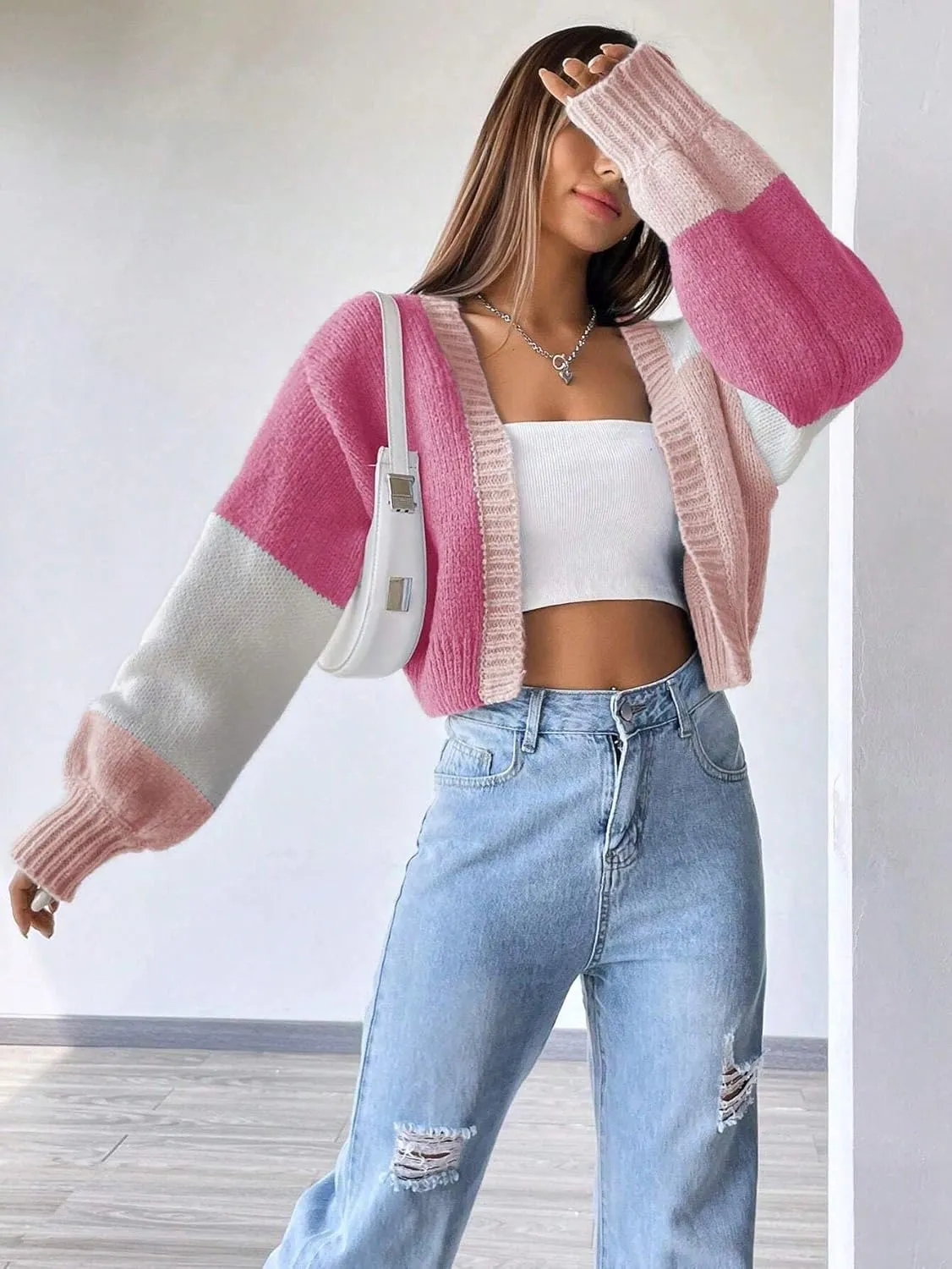 SISKIN Womens Fall & Spring Lightweight Long Sleeve Cropped Open Front Color Block Cardigan Sweaters for Women Trendy