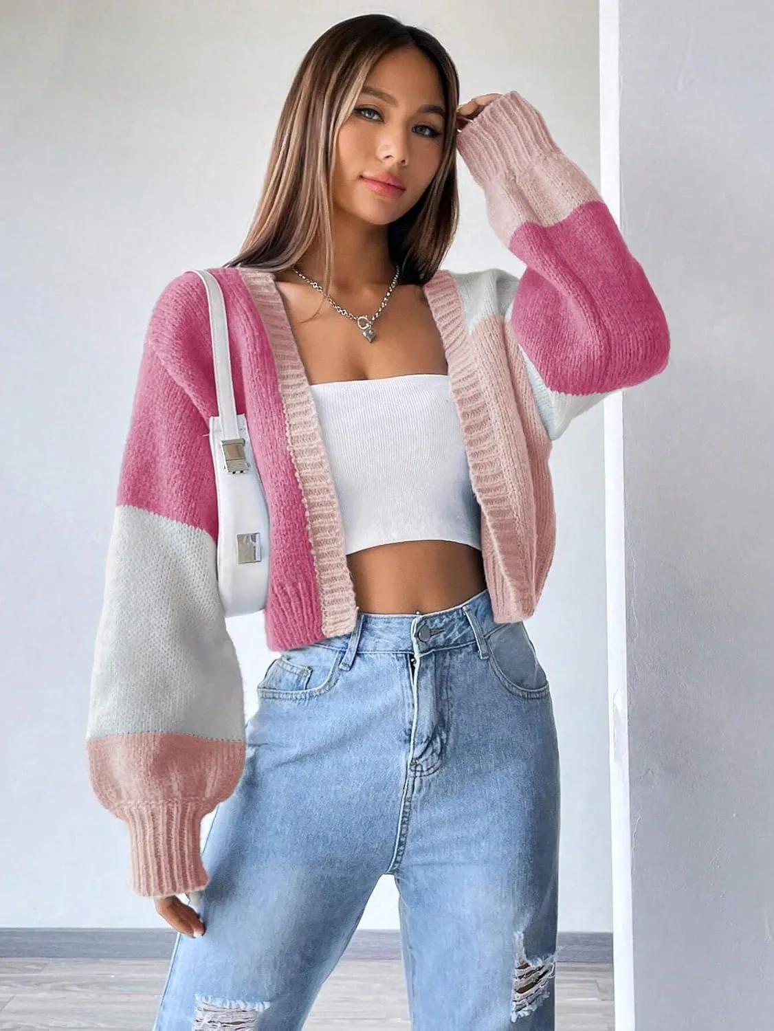 SISKIN Womens Fall & Spring Lightweight Long Sleeve Cropped Open Front Color Block Cardigan Sweaters for Women Trendy