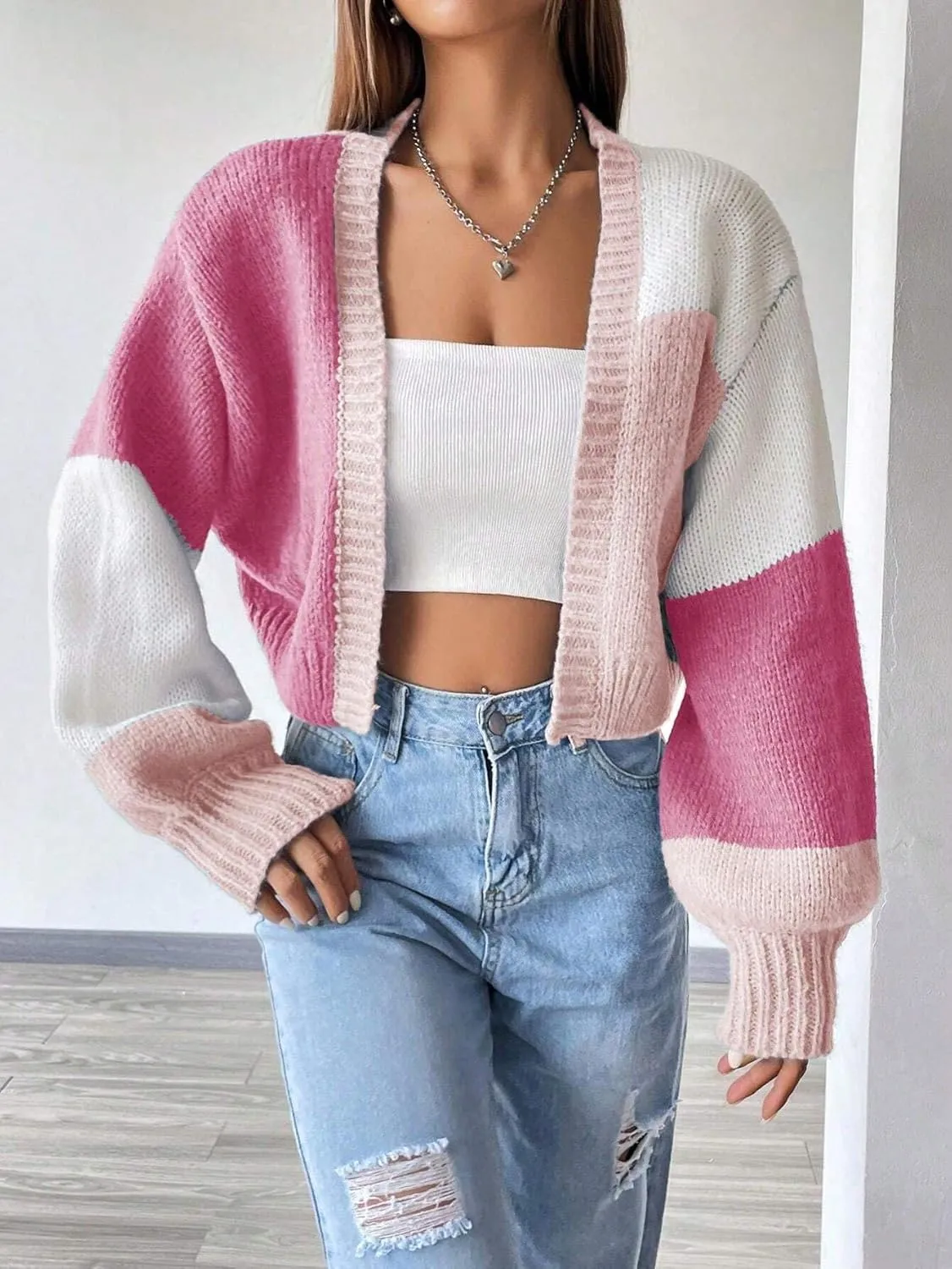 SISKIN Womens Fall & Spring Lightweight Long Sleeve Cropped Open Front Color Block Cardigan Sweaters for Women Trendy