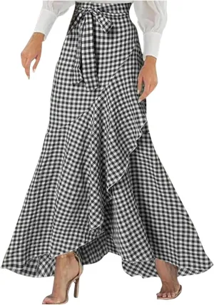 Skirts for Women Flowy Long Skirts High Waist Irregular Hem Skirt Plus Size A Line Maxi Skirts Solid Plaid Skirt