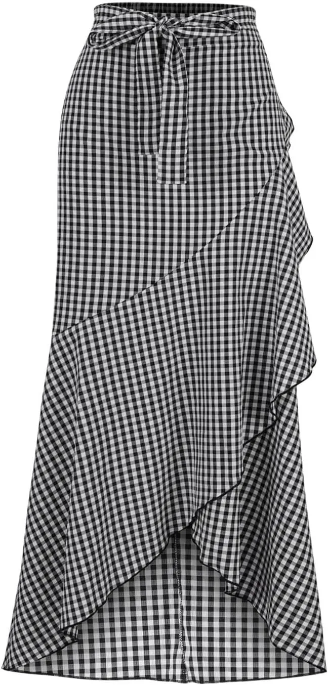 Skirts for Women Flowy Long Skirts High Waist Irregular Hem Skirt Plus Size A Line Maxi Skirts Solid Plaid Skirt