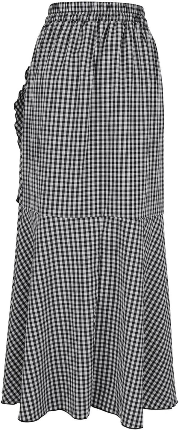 Skirts for Women Flowy Long Skirts High Waist Irregular Hem Skirt Plus Size A Line Maxi Skirts Solid Plaid Skirt