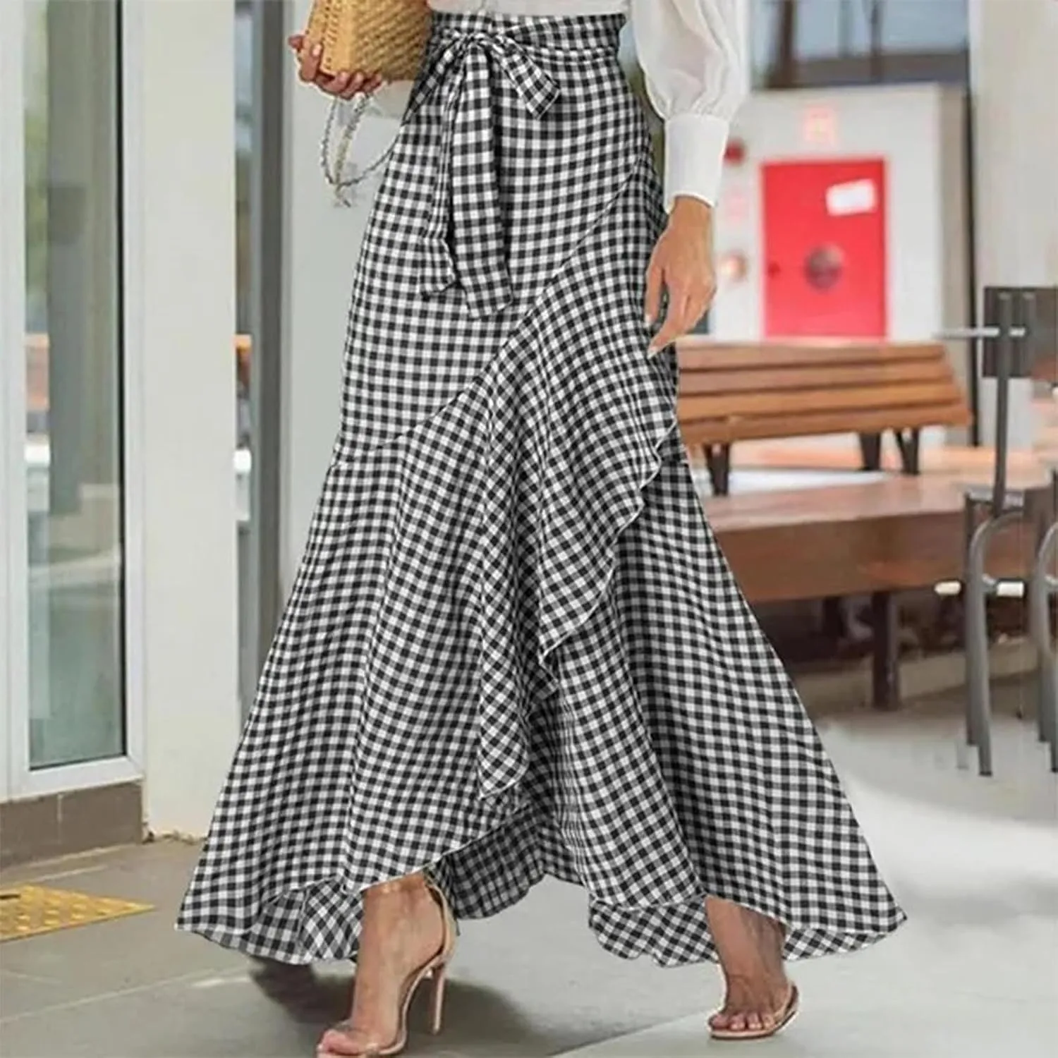 Skirts for Women Flowy Long Skirts High Waist Irregular Hem Skirt Plus Size A Line Maxi Skirts Solid Plaid Skirt