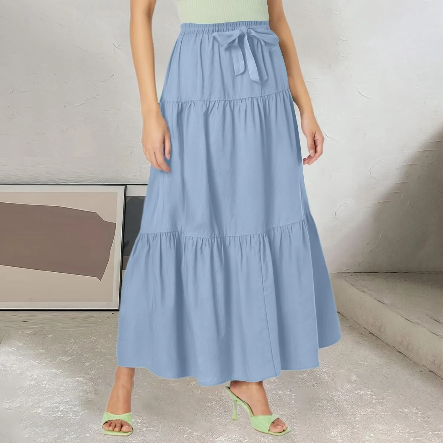 Skirts for Women Midi Length Elastic Tie Waist Swing Tiered A-Line Flowy Pleated Boho Beach Vacation Long Skirt Dress