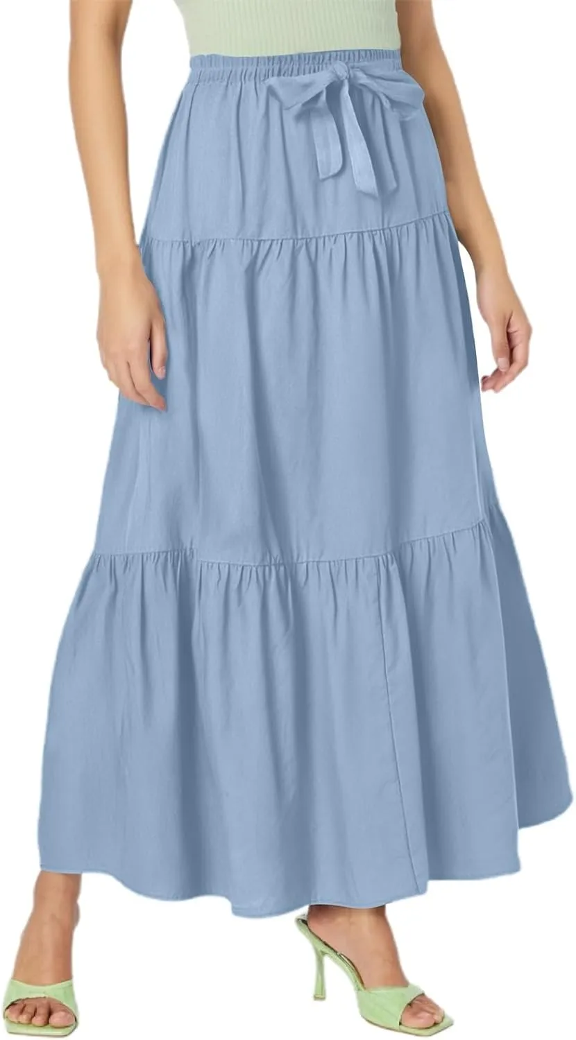Skirts for Women Midi Length Elastic Tie Waist Swing Tiered A-Line Flowy Pleated Boho Beach Vacation Long Skirt Dress