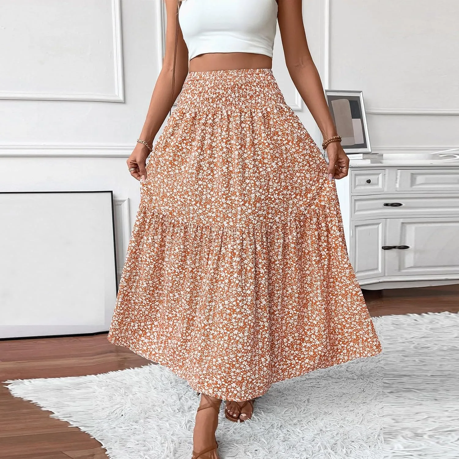 Skirts for Women Midi Length Women's Boho Floral Print Elastic High Waisted Swing A-Line Tiered Summer Beach Skirt